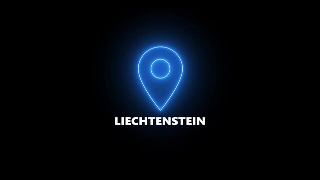Glowing blue location pin icon with the word LIECHTENSTEIN illuminated on a black background