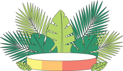 A vibrant display platform surrounded by lush tropical foliage and leaves
