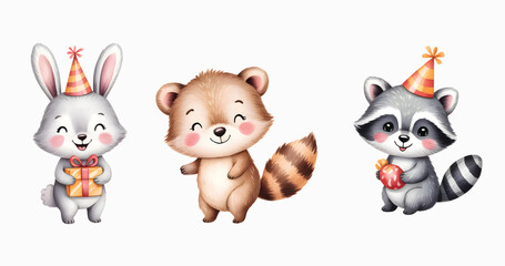Fototapeta premium Watercolor woodland friends celebrating a joyful kids birthday. Playful woodland party characters painted