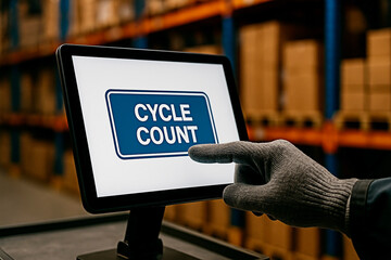 Cycle count on a digital tablet at the warehouse for the concept of inventory management.