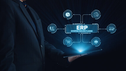 ERP platform visual showing centralized system for enterprise resource planning, improving integration, data flow, business efficiency, finance, inventory, and human resources. Elide