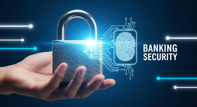 Hand holding padlock with digital banking security interface and fingerprint hologram
- Powered by Adobe