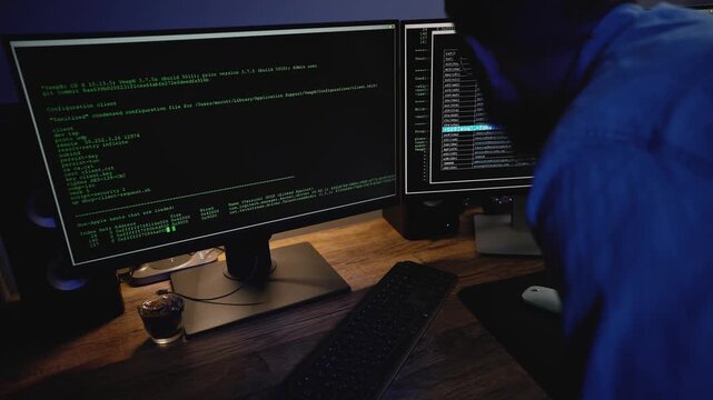 Bearded Programmer Facing a Cyber Threat. Software developer wearing glasses works at a computer in a dark room. Code on screen. Cyber attack risk and hacking activity. Web security.