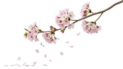 Cherry blossom branch with delicate pink flowers and falling petals, isolated PNG