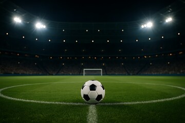 Fototapeta premium Classic Soccer Ball on Green Field in Night Stadium with Floodlights