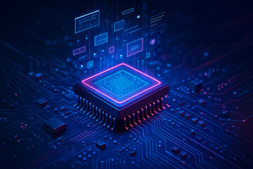 Futuristic microchip with glowing illuminated holographic interface representing advanced processor computing power and digital information storage system