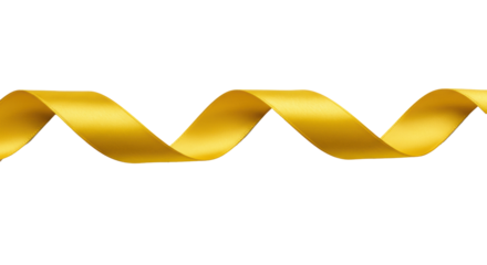 Luxurious golden yellow satin ribbon with a V-cut end, high sheen, and elegant folds, undulating on a transparent background with soft shadows. Concept of thoughtful gifting