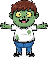 Cartoon zombie boy with green skin, brown hair, white shirt and blue pants – cute Halloween monster character for kids and decorations