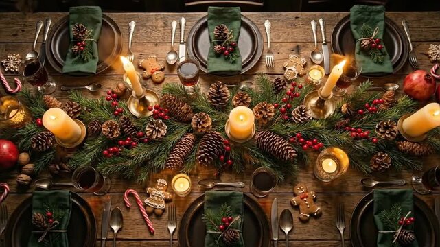 Festive holiday table setup with candles pine cones and ornaments. Christmas dinner arrangement on wooden surface. Warm seasonal decor concept for celebrations. video footage video footage