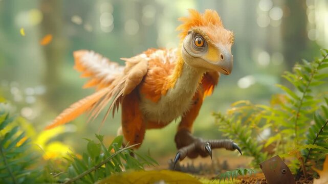 Feathered dinosaur with orange plumage exploring fern forest floor. Camera pans and tilts through prehistoric landscape with selective focus.