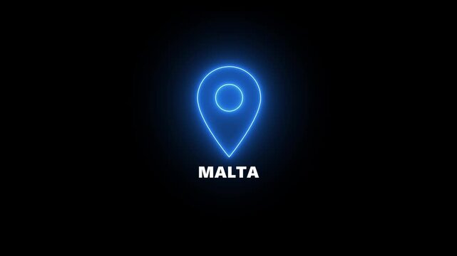 Neon blue location pin icon with the word Malta centered below on a black background map marker navigation