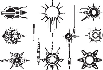 Mechanism set, retro, vintage, steampunk, cyberpunk, decorative elements. Ideal design for social media, cover, banner, flyer, music, ads.