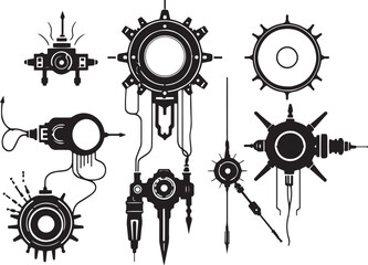 Mechanism set, retro, vintage, steampunk, cyberpunk, decorative elements. Ideal design for social media, cover, banner, flyer, music, ads.