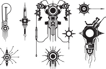 Mechanism set, retro, vintage, steampunk, cyberpunk, decorative elements. Ideal design for social media, cover, banner, flyer, music, ads.