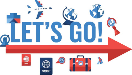 Let s go travel icons with airplanes globes and a red arrow