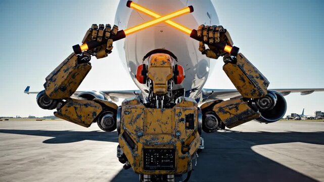 Impressive 4K 3D Render of a Futuristic Robot Marshaller Directing a Commercial Airplane on the Sunny Tarmac