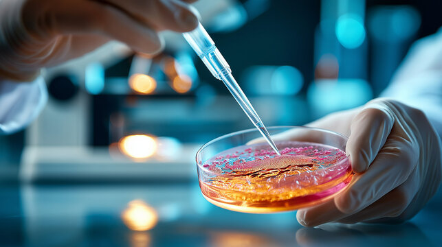 Faceless scientist working with cell culture in petri dish conducting research in laboratory using pipette for scientific experiment, defocused microbiological cultivation, cellula