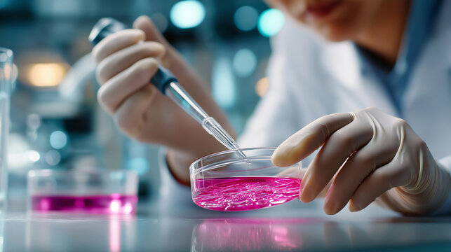 Faceless scientist working with cell culture in petri dish conducting research in laboratory using pipette for scientific experiment, defocused microbiological cultivation, cellula