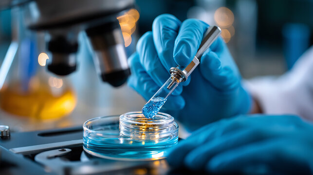 Unrecognizable faceless scientist in gloves using viscometer while working in laboratory and conducting chemical experiment, defocused viscosity measurement, fluid analysis, rheolo