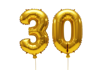 Two glossy golden metallic foil balloons, shaped as '3' and '0', inflated with helium against a transparent studio background, soft lighting, copy space. 30th anniversary concept