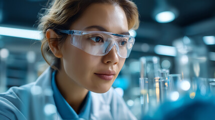 Closeup view of Asian faceless research scientist wearing protective eyewear and lab coat working in modern laboratory surrounded by scientific equipment conducting experiments saf