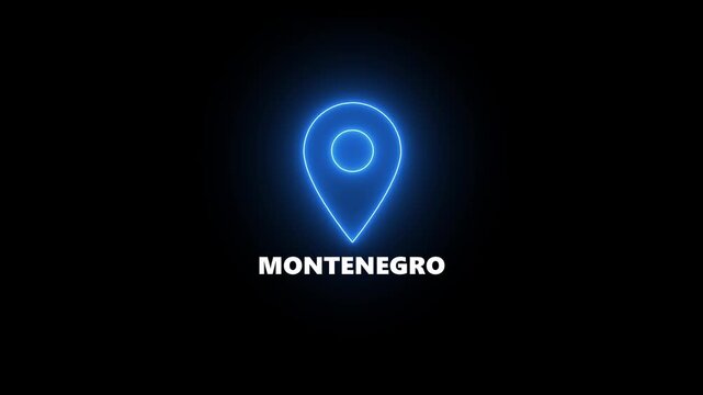 Neon blue location pin icon with the word Montenegro on a black background map marker navigation
