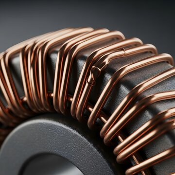 Copper wire coil wrapped around metal toroidal core in close macro view of electrical inductor component