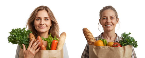 Positive adult woman with paper shopping bag with vegetables, fruits and bread isolated on transparent background