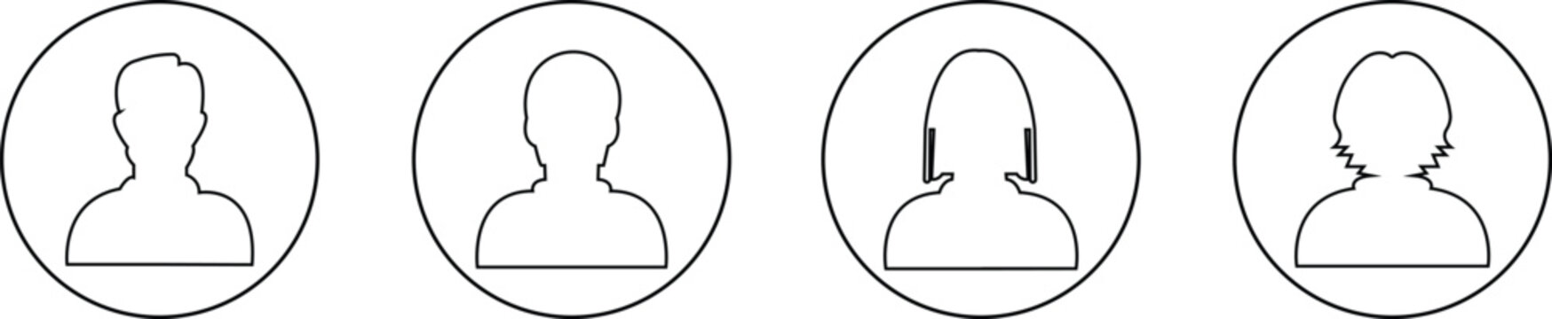 Black profile avatar icon set in flat and line style, user silhouette collection featuring male and female headshot pictogram for interface, contact and account graphics, minimal monochrome vector pac