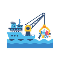 Fototapeta premium Ocean cleanup vessel collecting plastic waste with crane, marine recycling and environmental protection vector illustration 