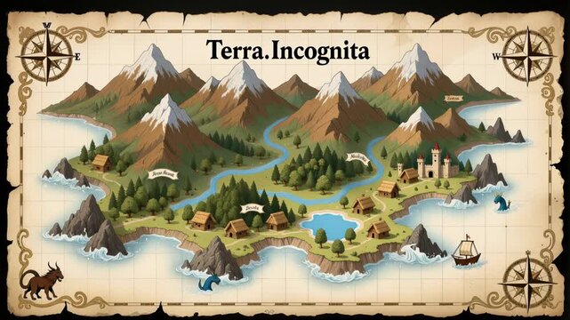 Illustrated fantasy map of Terra Incognita with snow-capped mountains, winding rivers, and medieval castle. Camera tilting vertically across parchment-style cartography