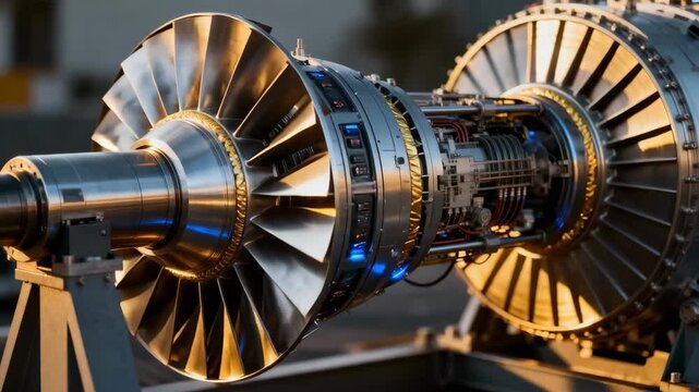 Dynamic medium shot of a horizontal geothermal turbine highlighting advanced engineering features to maximize sustainable energy output.