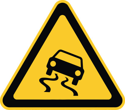 Warning sign depicting a car skidding on a slippery or winding road