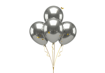 Three perfectly inflated, glossy metallic silver helium balloons with golden strings floating upwards, isolated against a transparent background under high-key lighting. Festive celebration concept