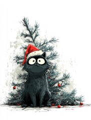 Grumpy black cat in Santa hat with a Christmas tree