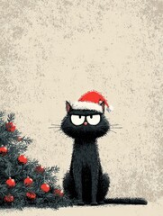 Grumpy black cat in Santa hat next to a Christmas tree
