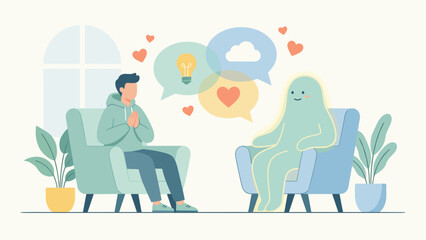 Mental health therapy counseling. Man talking to abstract inner self. Psychological support concept. Patient sharing emotions. Speech bubbles heart lightbulb. Empathy wellness.