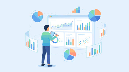Online data analytics and business dashboard concept. Man analyzing graphs and charts on large screen. Financial report and statistical analysis. Market strategy infographic vector.