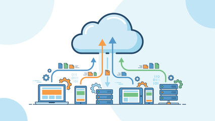 Obraz premium Cloud computing data storage concept. Network connectivity servers devices. File transfer synchronization upload download. Digital database infrastructure hosting technology system.