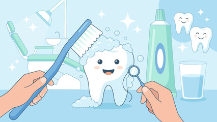 Dental care concept. Cute cartoon tooth character being brushed. Oral hygiene health. Hands with toothbrush cleaning teeth. Funny mascot. Dentistry medical vector illustration.