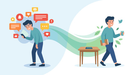 Digital detox. Smartphone addiction vs healthy lifestyle. Stressed man with notifications changes to happy person reading book. Mental health balance. Social media overload. Unplug.