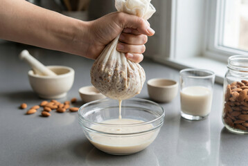 Hand squeezing nut milk bag over bowl with fresh almond milk and ingredients for healthy recipes