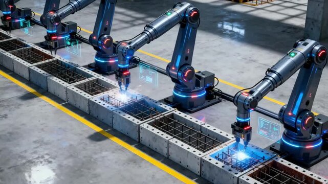 View of integrated robotic systems performing synchronized formwork setup highlighting advanced automation technology enhancing construction speed and safety.