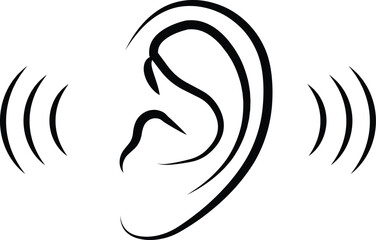 Black ear icon in flat and line style, hearing symbol featuring auditory outline graphics and sound awareness illustration monochrome listening sense vector pack with synonym element
