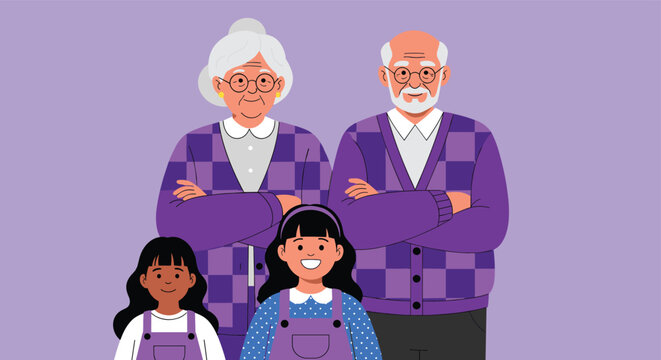 Multigenerational family portrait featuring grandparents and two children standing together in a coordinated purple setting.