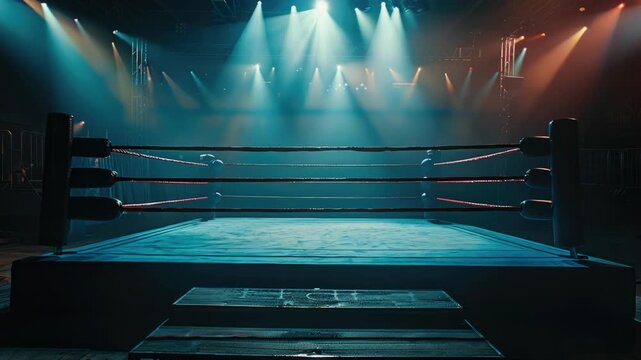 Video A boxing ring in a dimly lit arena with a spotlight shining down, perfect for action-packed scenes or sports events