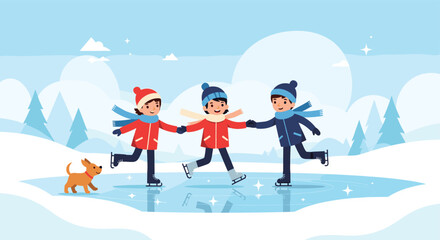 Fototapeta premium Three children in colorful winter outfits skate on a frozen pond while holding hands and balancing as a small dog watches the snowy scene under a blue sky.