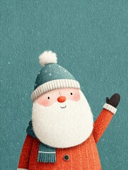 Cute cartoon Santa Claus waving in winter snow