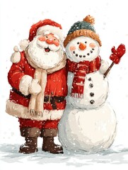 Festive Santa and snowman friends in snowy scene