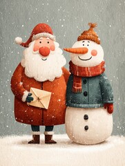 Happy Santa Claus and snowman in snowy Christmas scene
